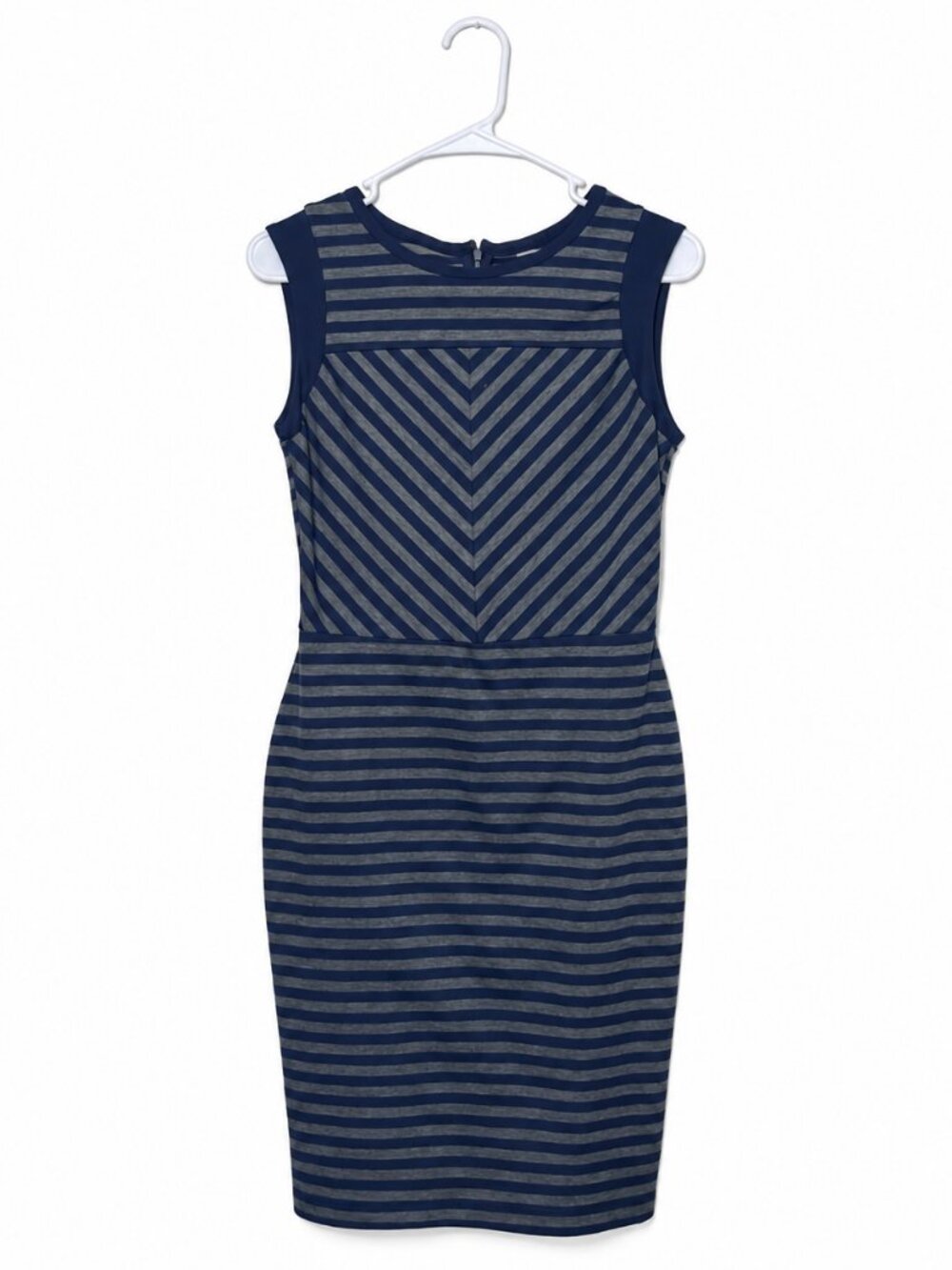 Merona Navy Gray Chevron Striped Stretch Sheath Dress XS Sleeveless